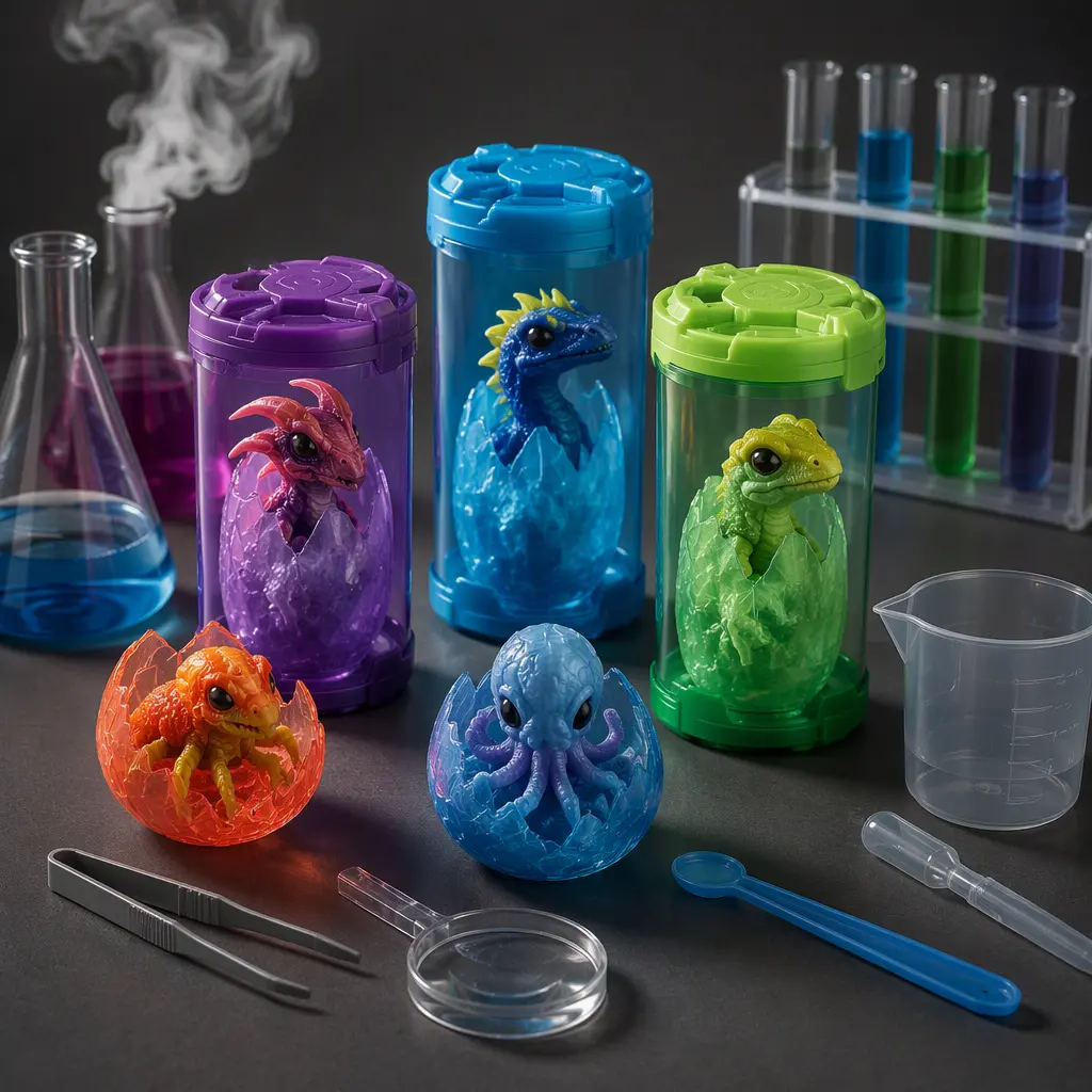 Experiment-themed creature reveal toys displayed beside lab-style accessories
