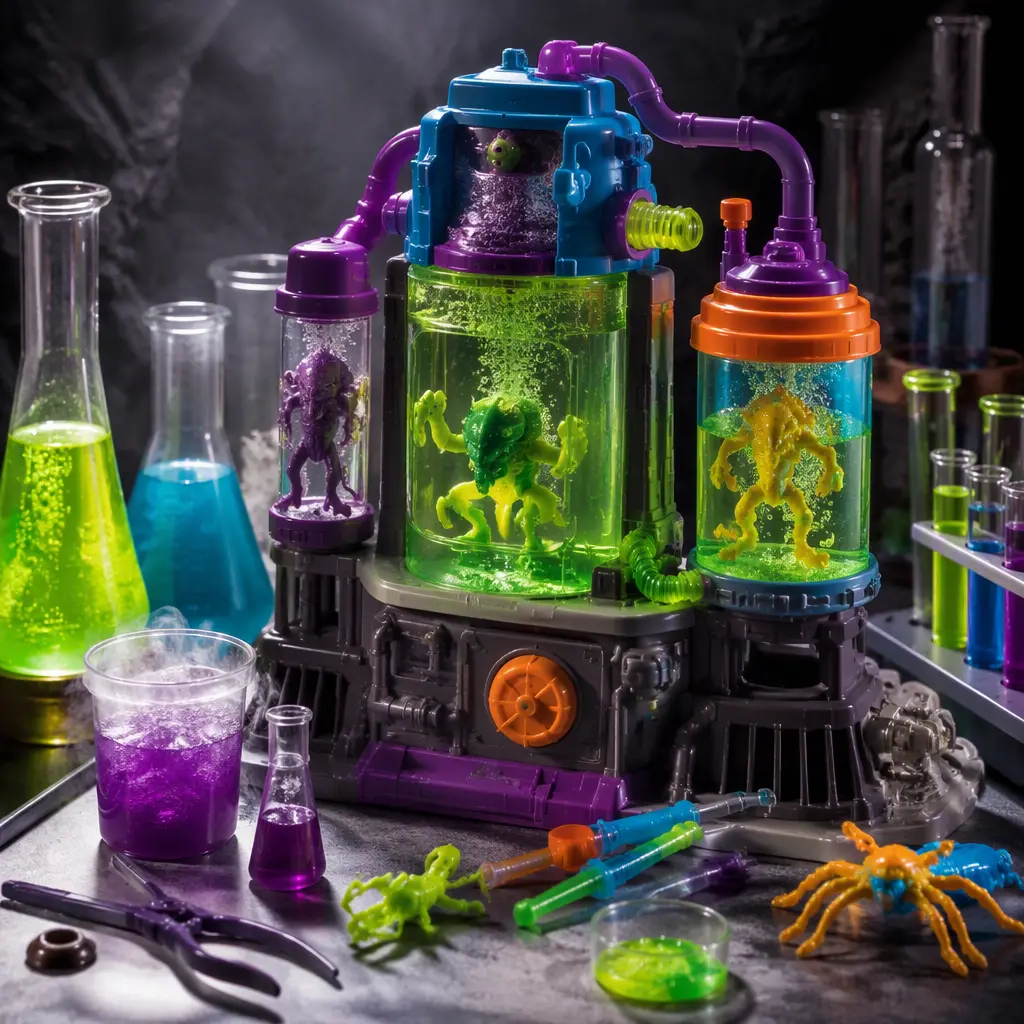 Science-themed experiment toy set with reveal chambers and colorful accessories arranged in a studio setting