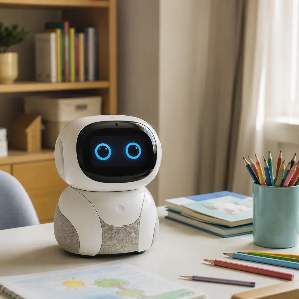 Companion robot placed on a child's desk in a modern home