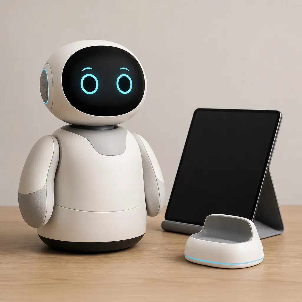 Companion robot beside charging accessories in a studio setting