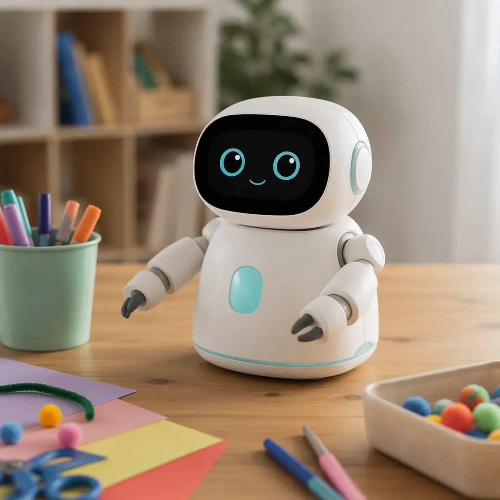 Small companion robot on a table beside children's activities in a softly lit room