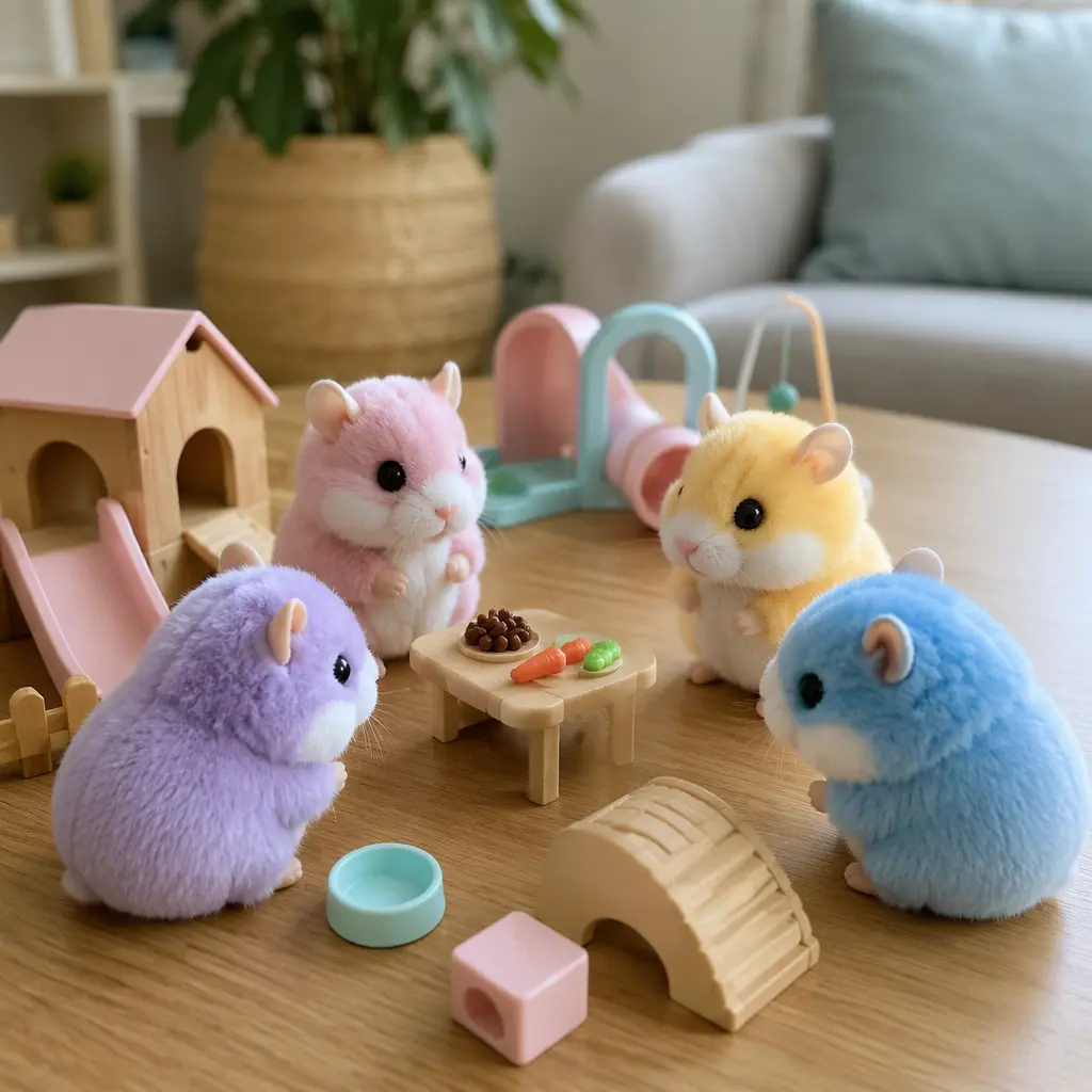 Group of colorful animatronic hamster toys arranged with miniature accessories