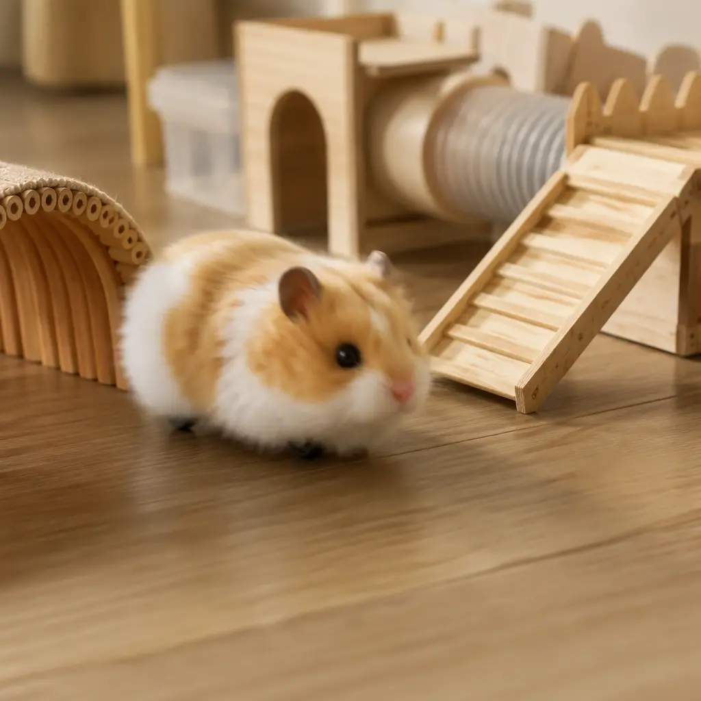 Animatronic hamster-style toy moving beside miniature play structures