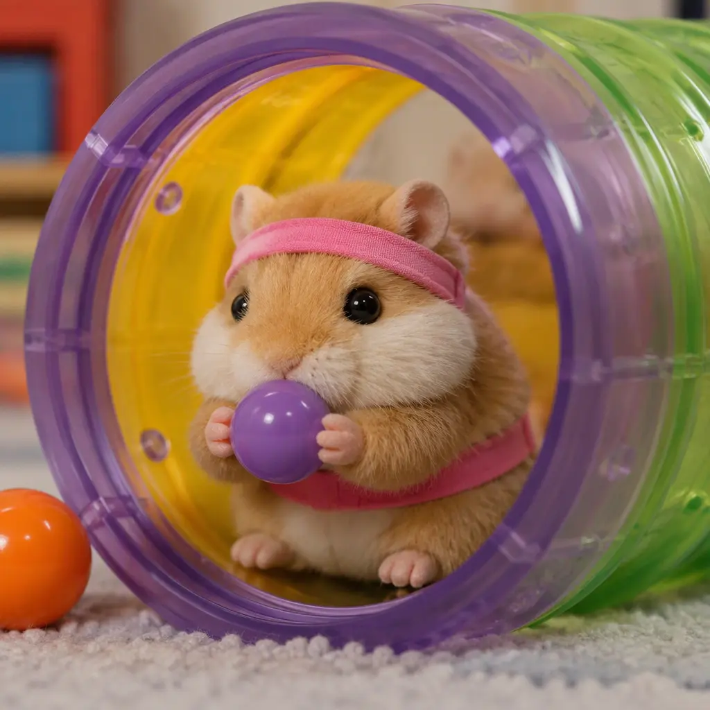 Small animatronic hamster toy posed beside colorful play accessories in a studio setting