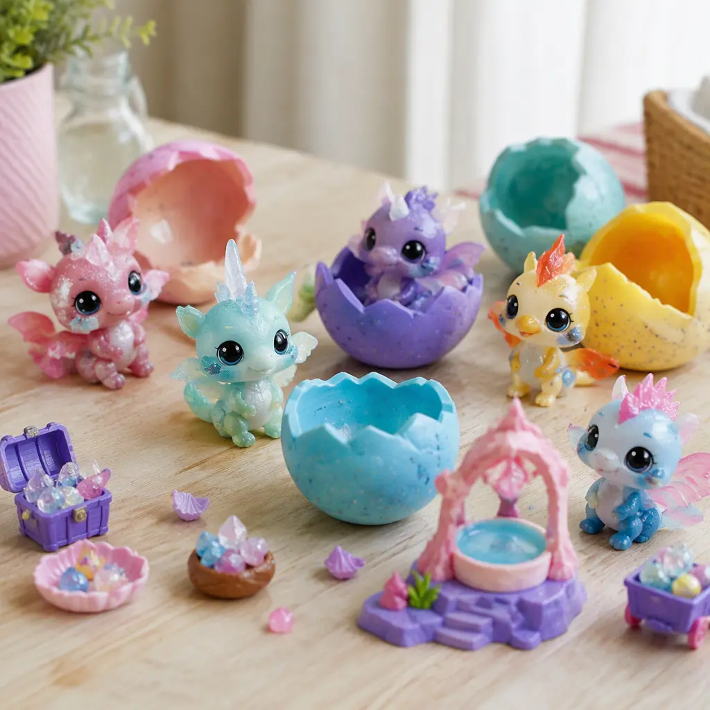 Small colorful fantasy creature collectibles displayed with accessory pieces and containers
