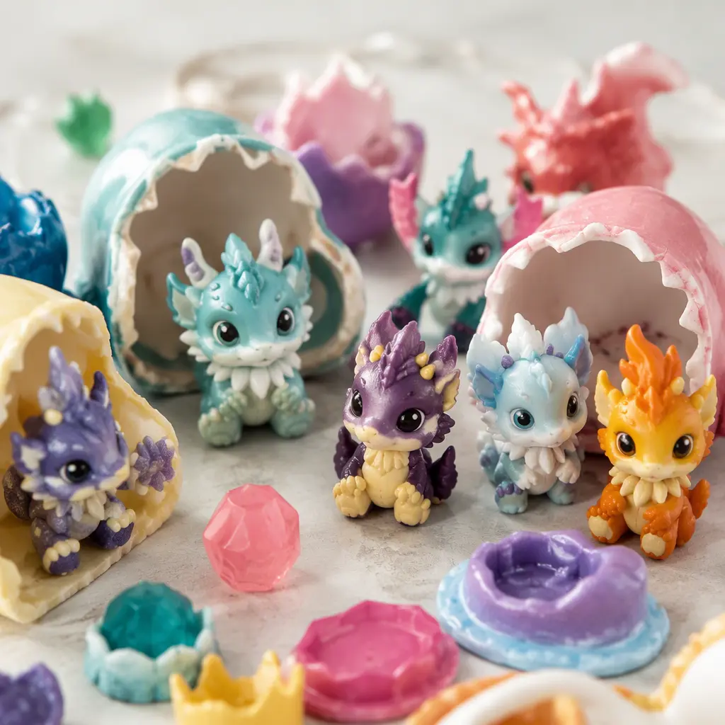 Colorful collectible fantasy creature toys arranged beside candy-like containers in a studio setting