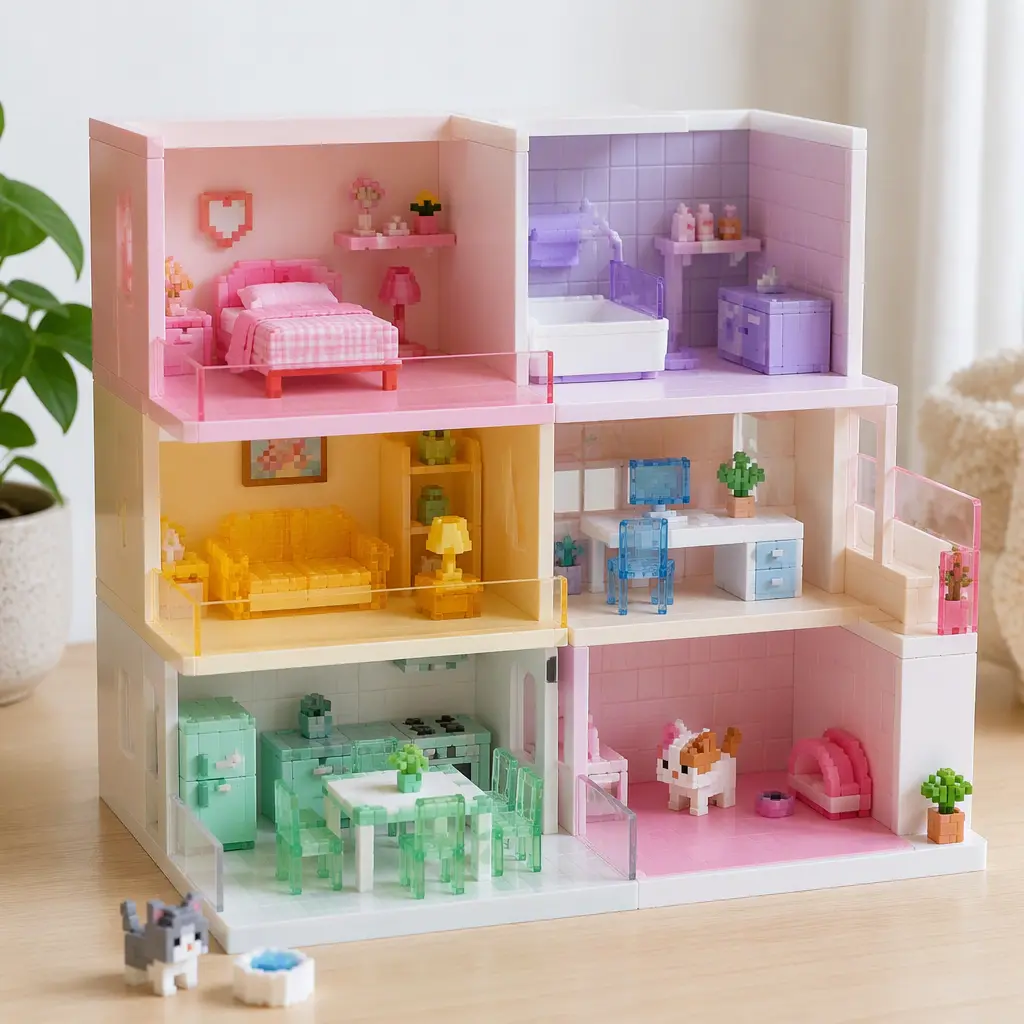 Modern pastel dollhouse with modular rooms and pixel-inspired accessories on a tabletop
