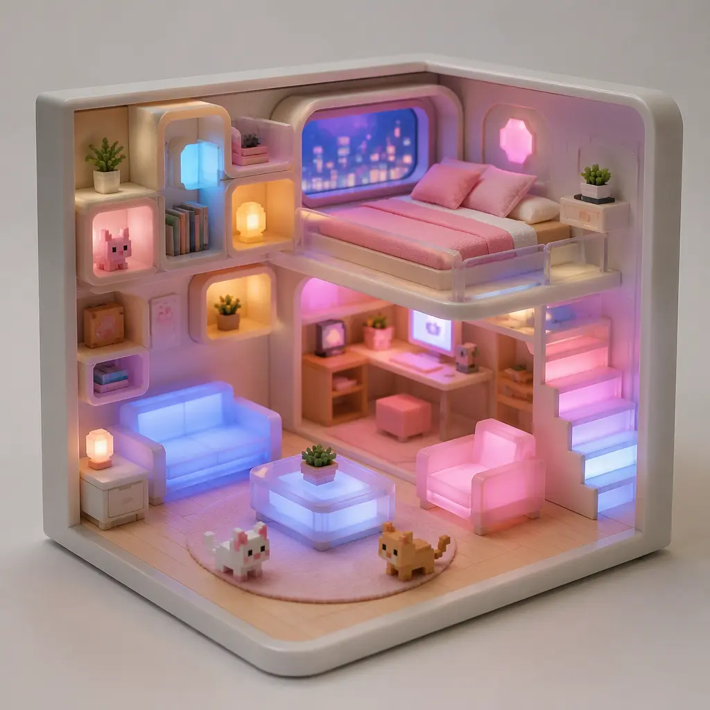 Compact futuristic dollhouse room with pastel furniture and miniature collectible figures