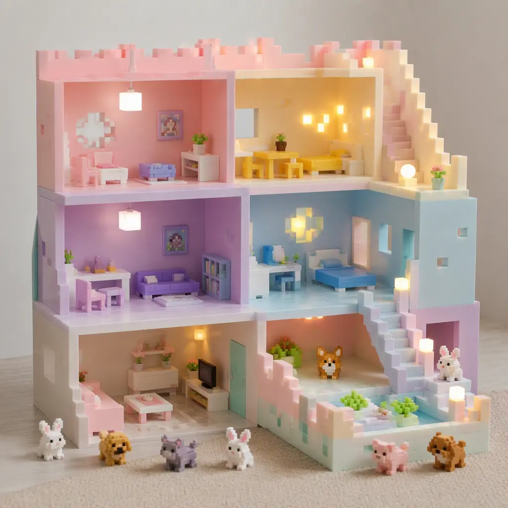 Pastel modular dollhouse with pixel-inspired accessories and collectible mini figures in a studio setting