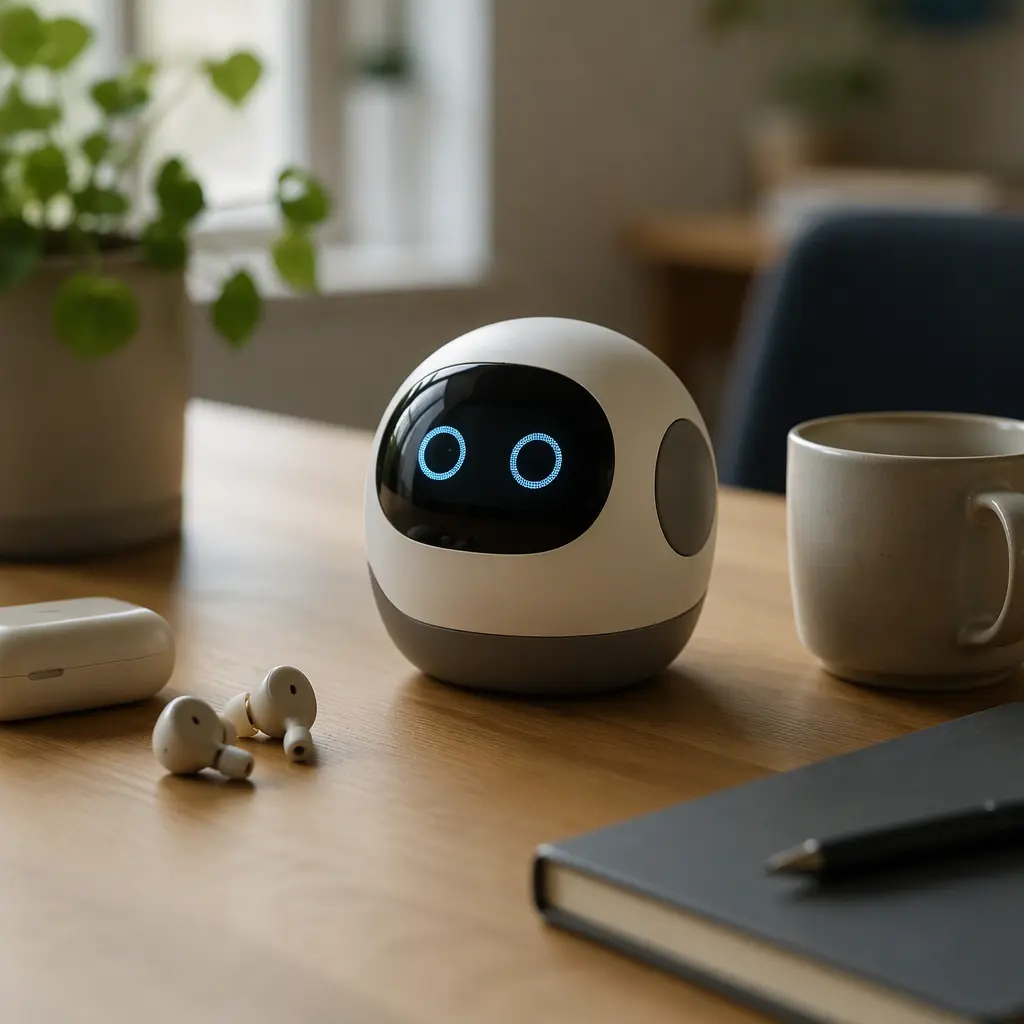 Compact AI companion robot beside everyday carry items