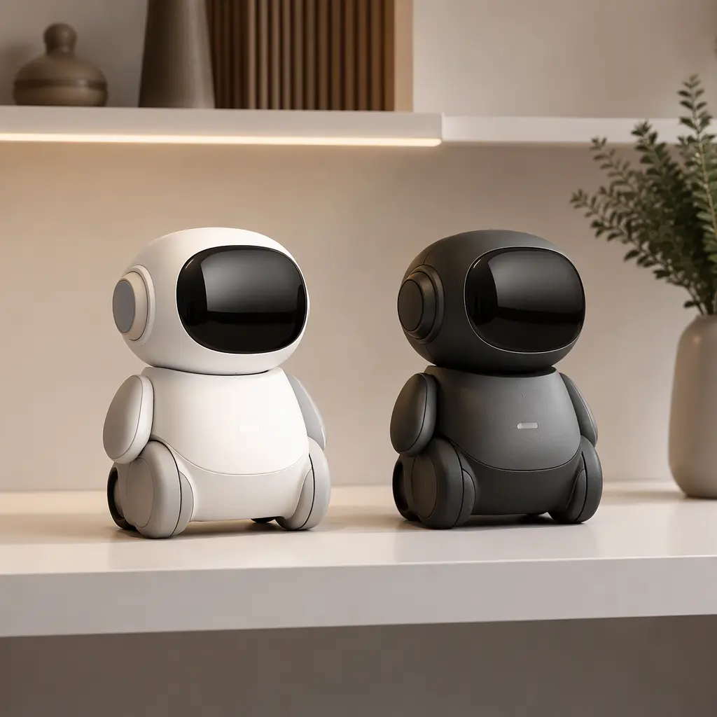 Different styles of pocket-sized companion robots on display
