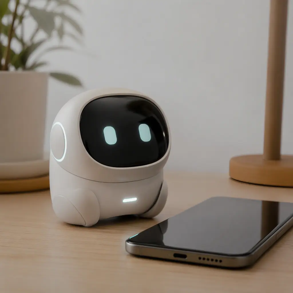 Pocket-sized AI companion robot displayed beside a smartphone on a desk