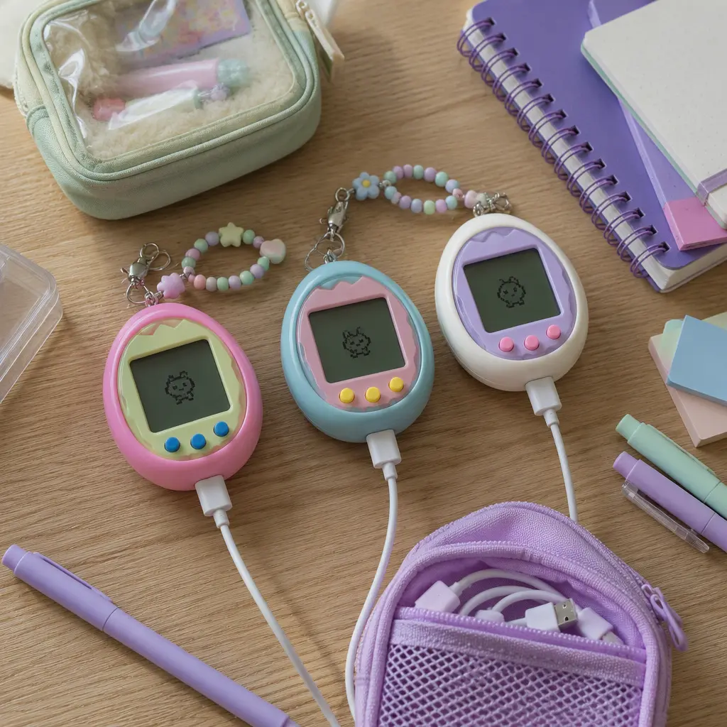 Virtual pet handheld toys and accessories arranged on a wooden table