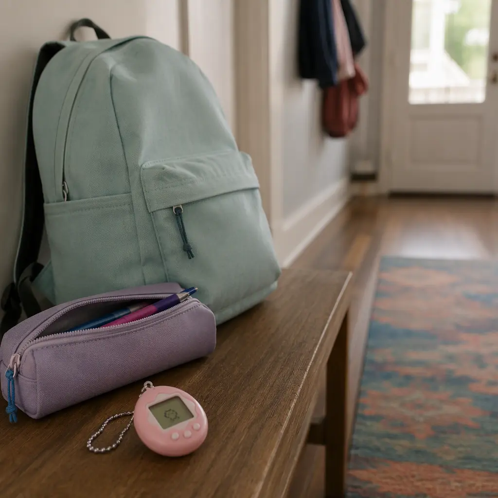 A virtual pet toy next to school supplies on a bench