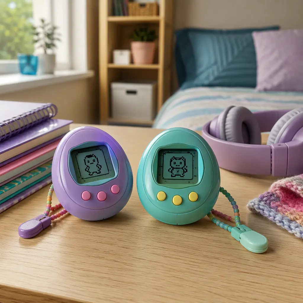 Two handheld virtual pet toys on a bedroom desk in soft natural light