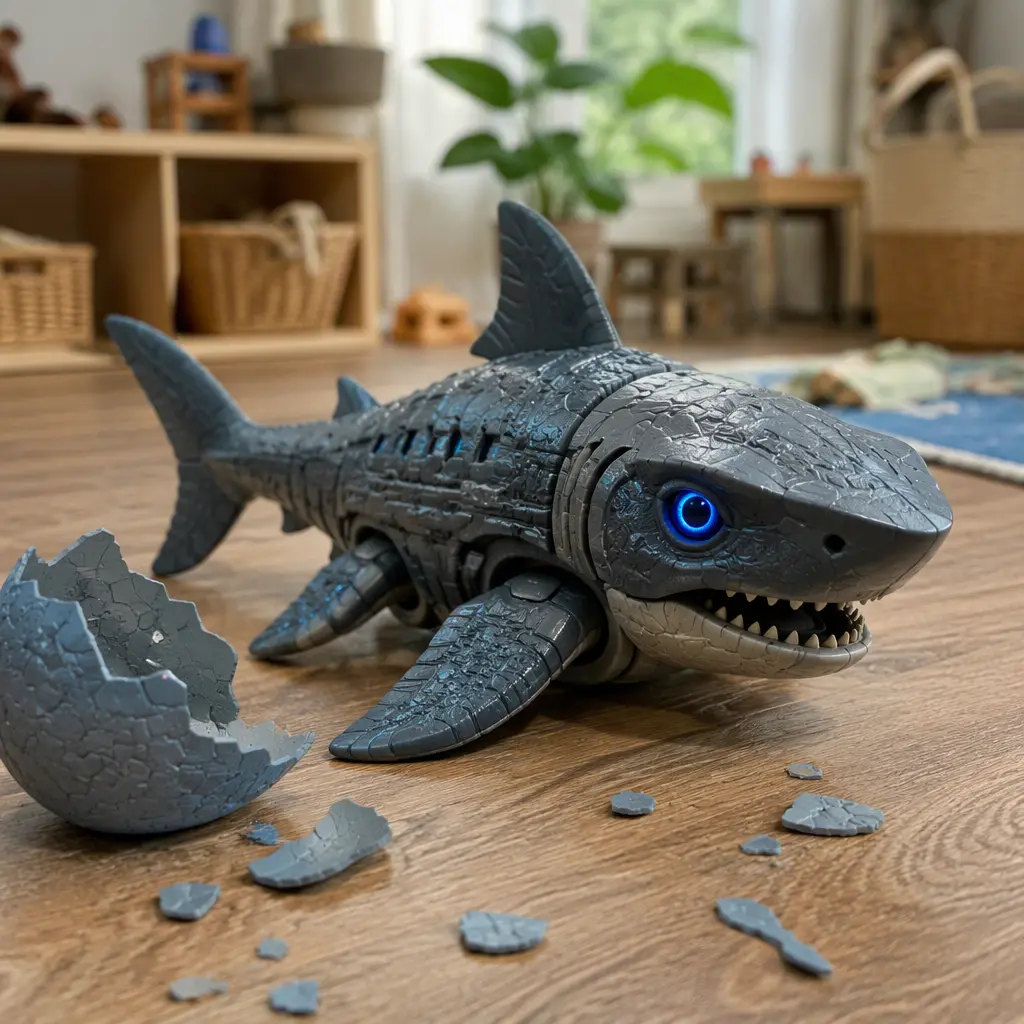 Interactive shark creature toy displayed with opened egg shell pieces in a playroom