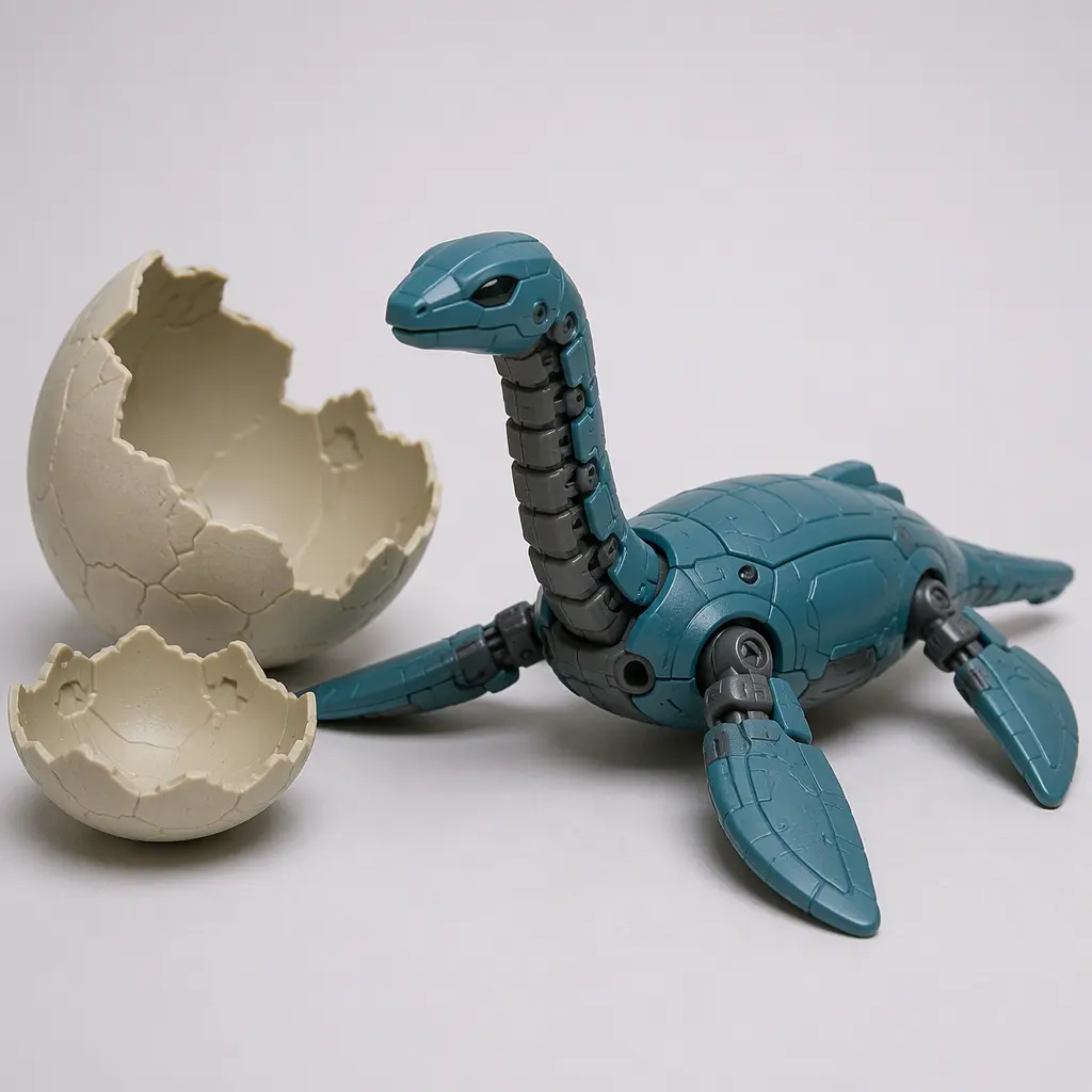 Electronic prehistoric-style creature toy next to reusable egg shell pieces