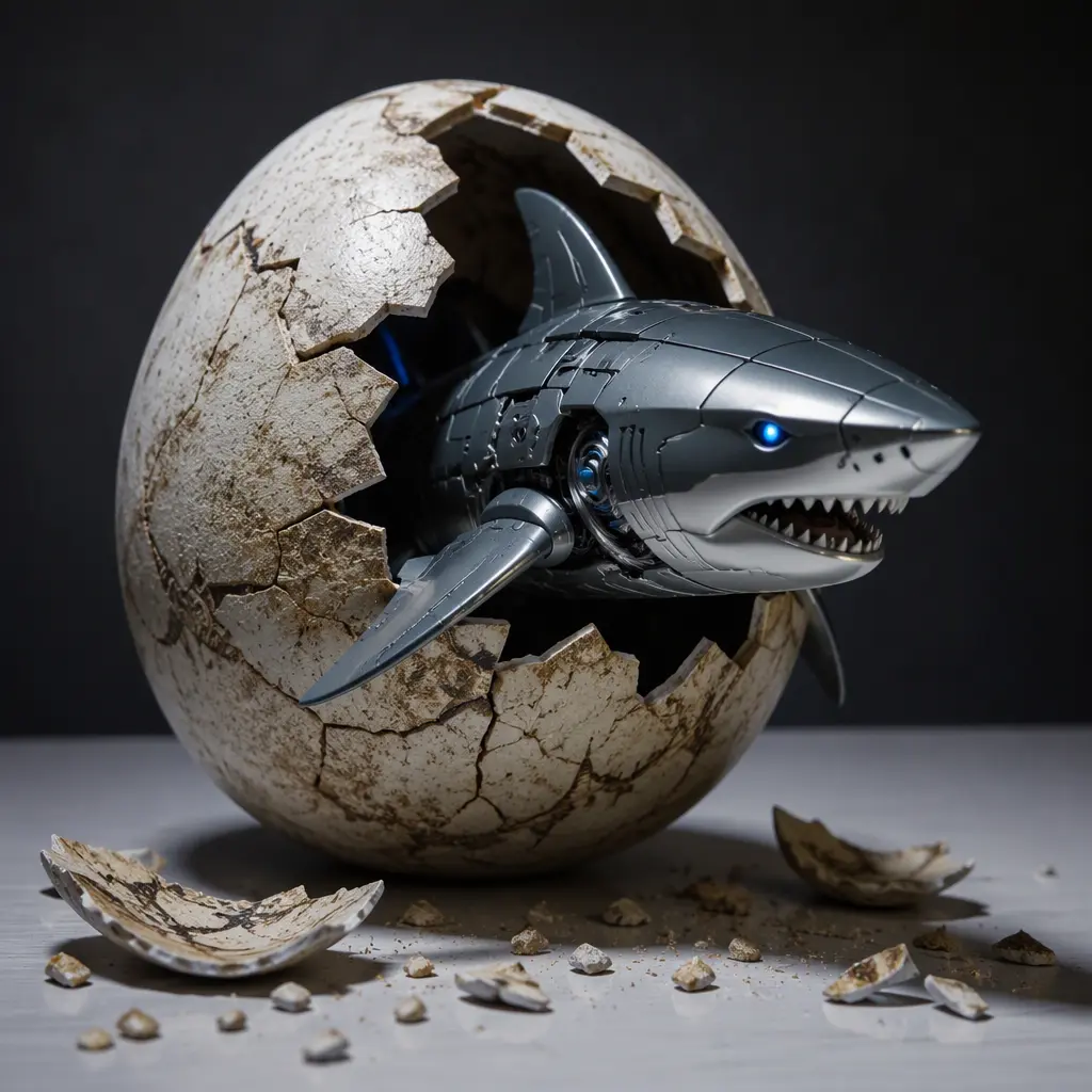 Large toy egg opening to reveal an interactive shark-like creature on a tabletop
