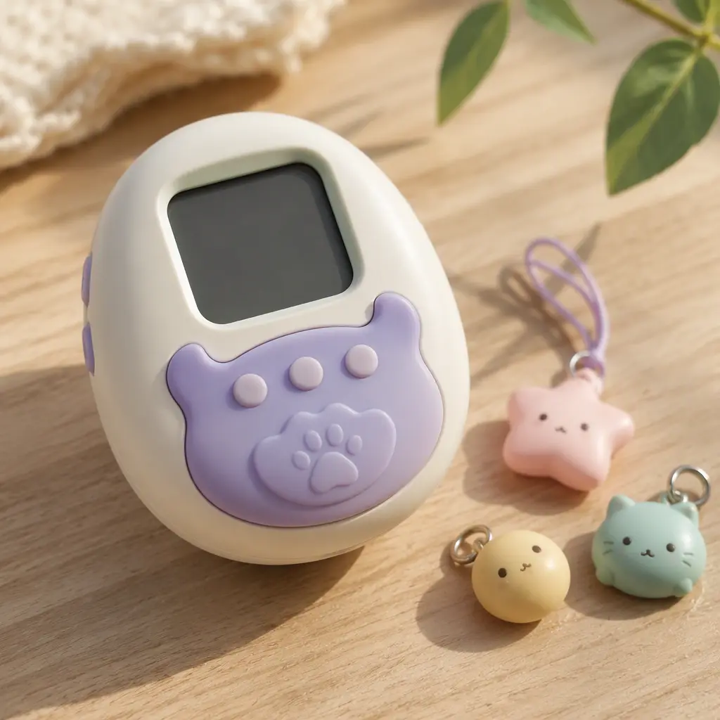 A tactile handheld virtual pet toy displayed on a tabletop with soft lighting