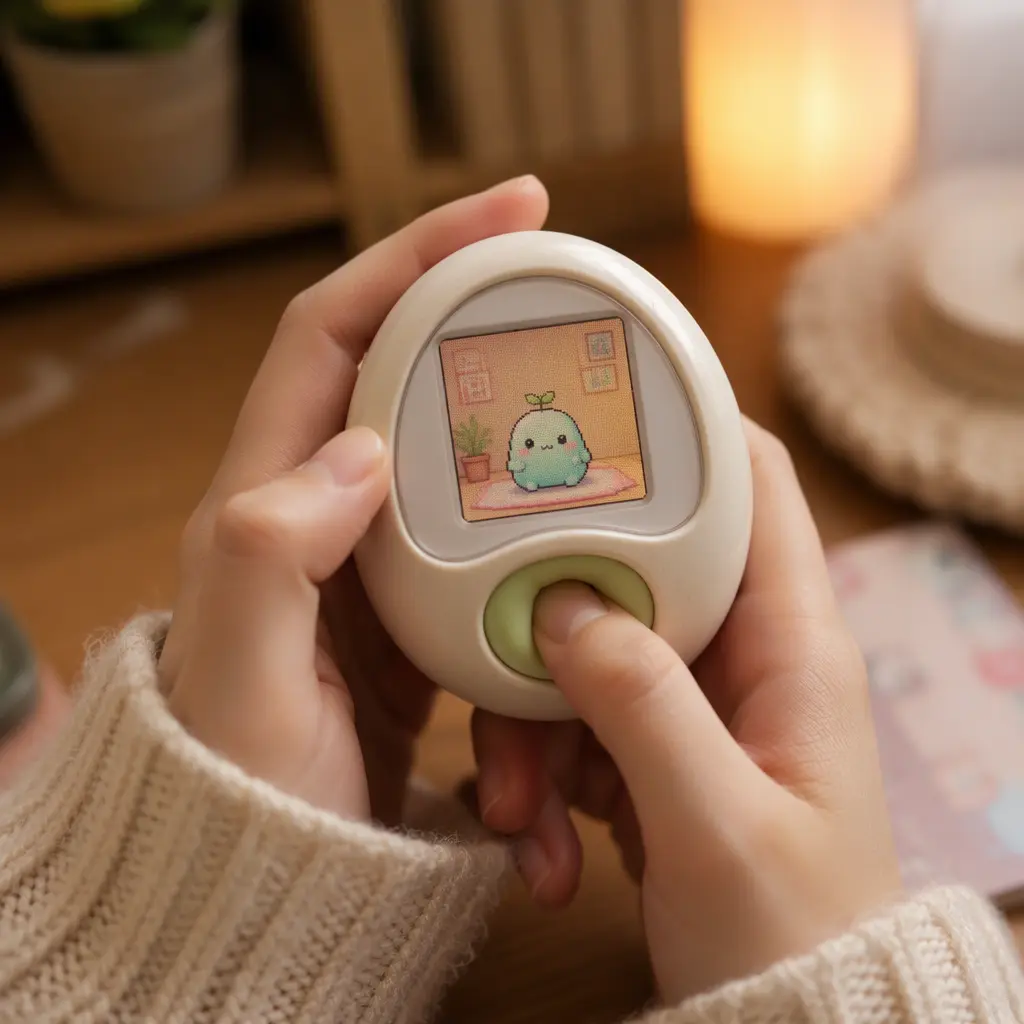 Hands using a tactile digital pet device in a cozy indoor setting