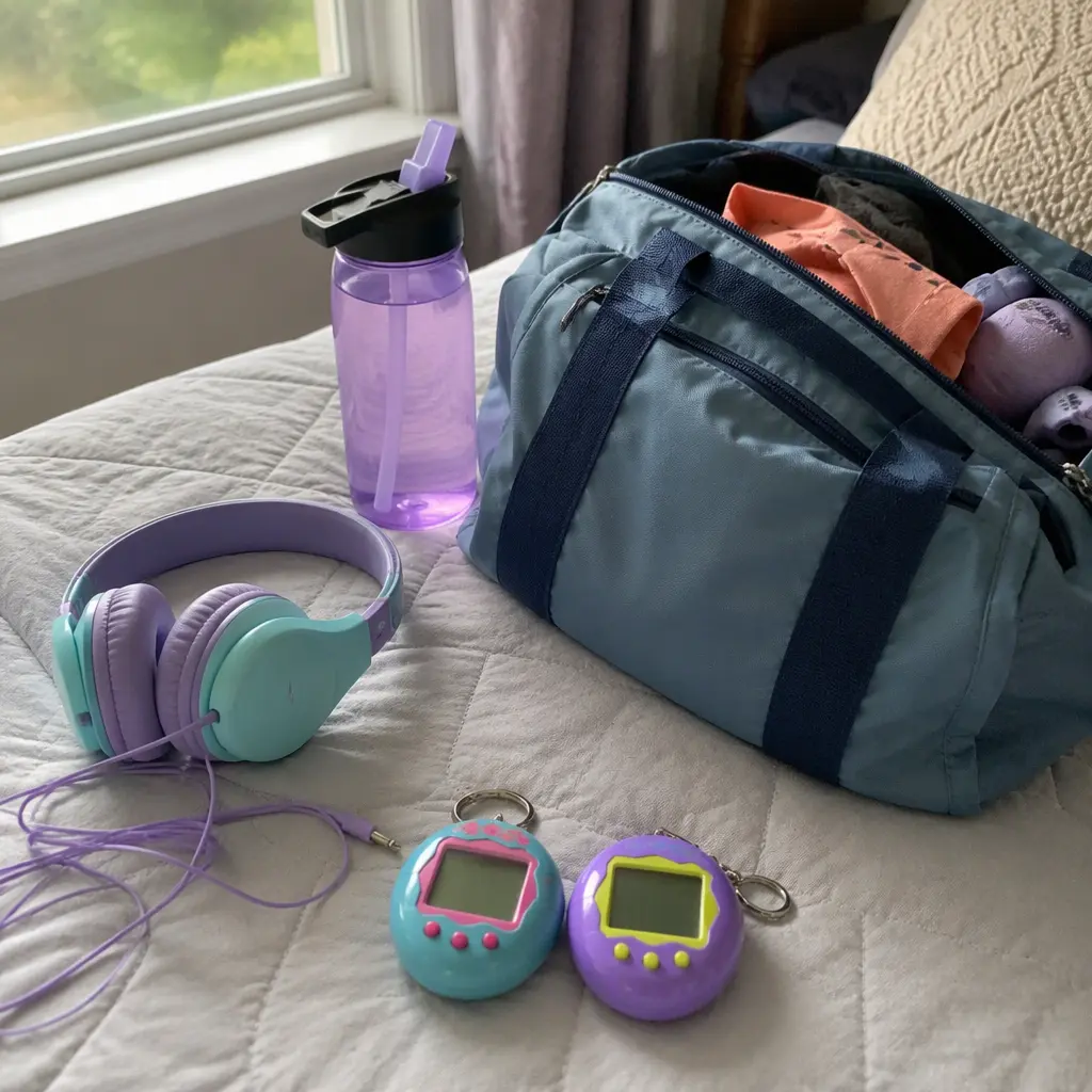 Portable electronic pet toys arranged with travel gear for an overnight stay