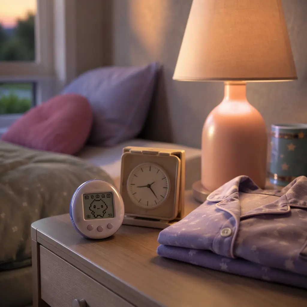 Electronic virtual pet toy placed on a bedside table during a sleepover setup