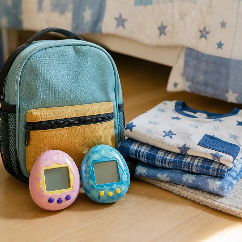 Compact virtual pet toys packed beside overnight travel items for a child sleepover
