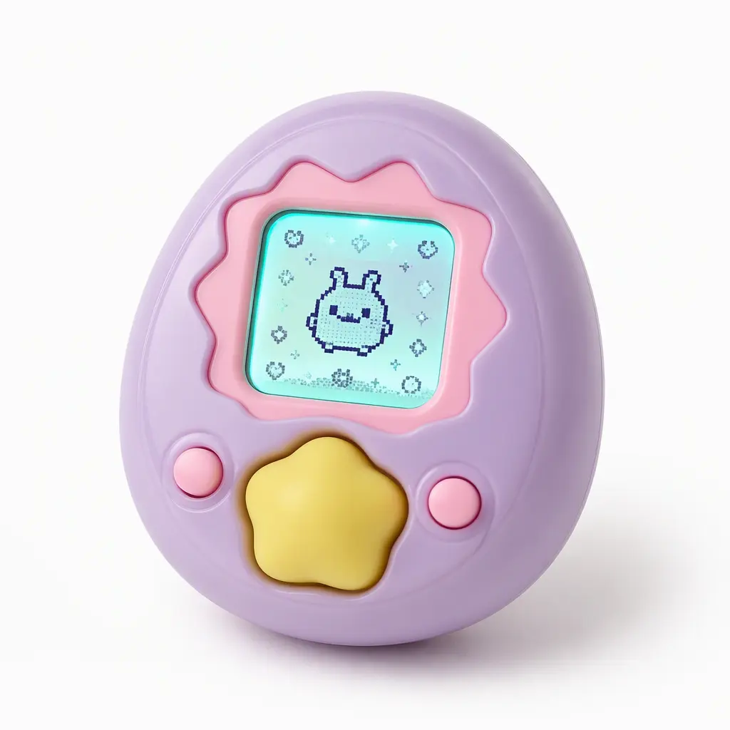 A pastel handheld digital pet toy with a soft tactile control area displayed in a studio setting