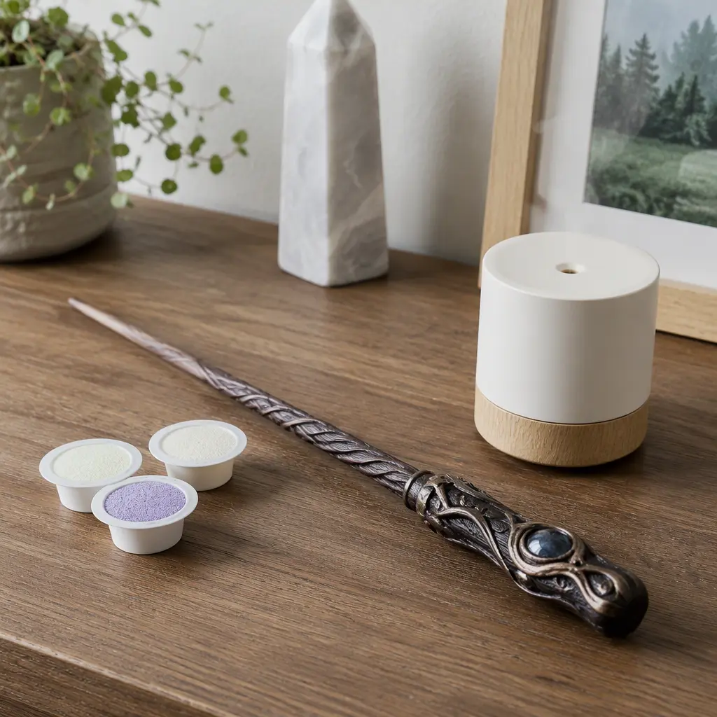 Fantasy wand with fragrance accessories arranged on a tabletop