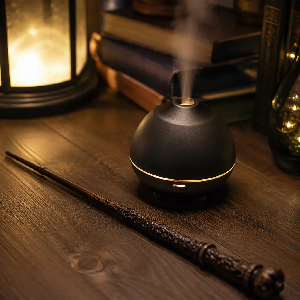 Connected fragrance device and fantasy wand displayed in a cozy room