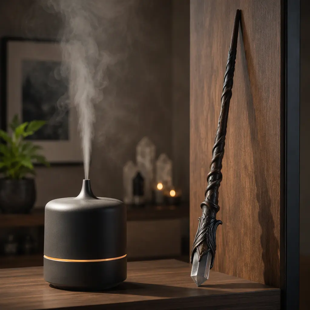 Fantasy-style wand displayed beside a compact connected scent device in a home setting