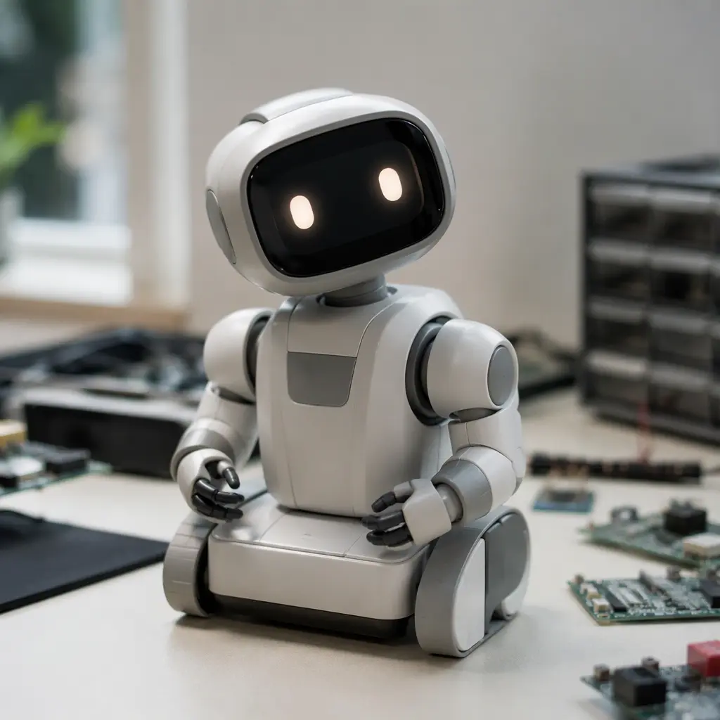A small articulated desktop robot posed on a clean workspace with hobby electronics nearby.