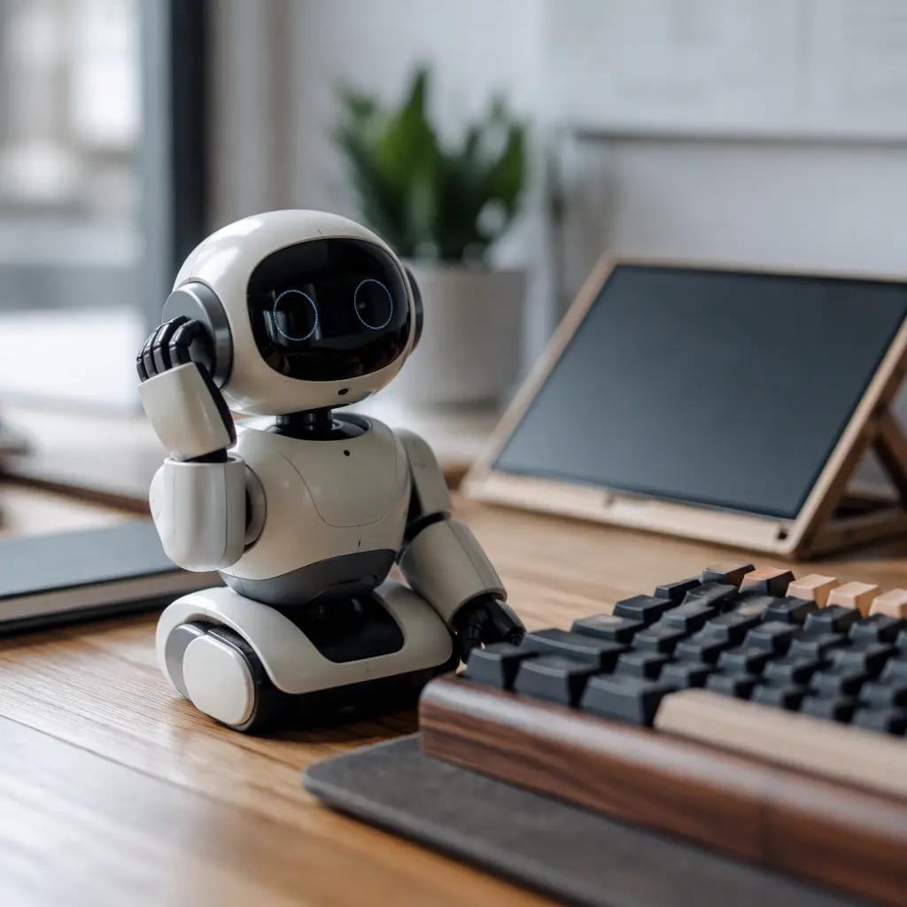 A compact expressive robot sitting in a modern home office beside a keyboard and tablet.