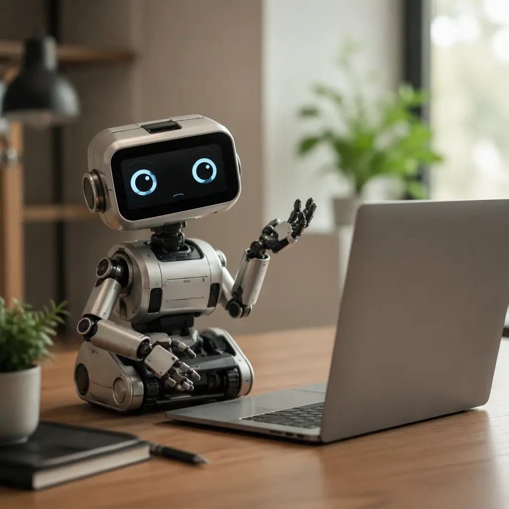 A compact expressive desktop robot displayed on a home desk beside a laptop and small electronics tools.