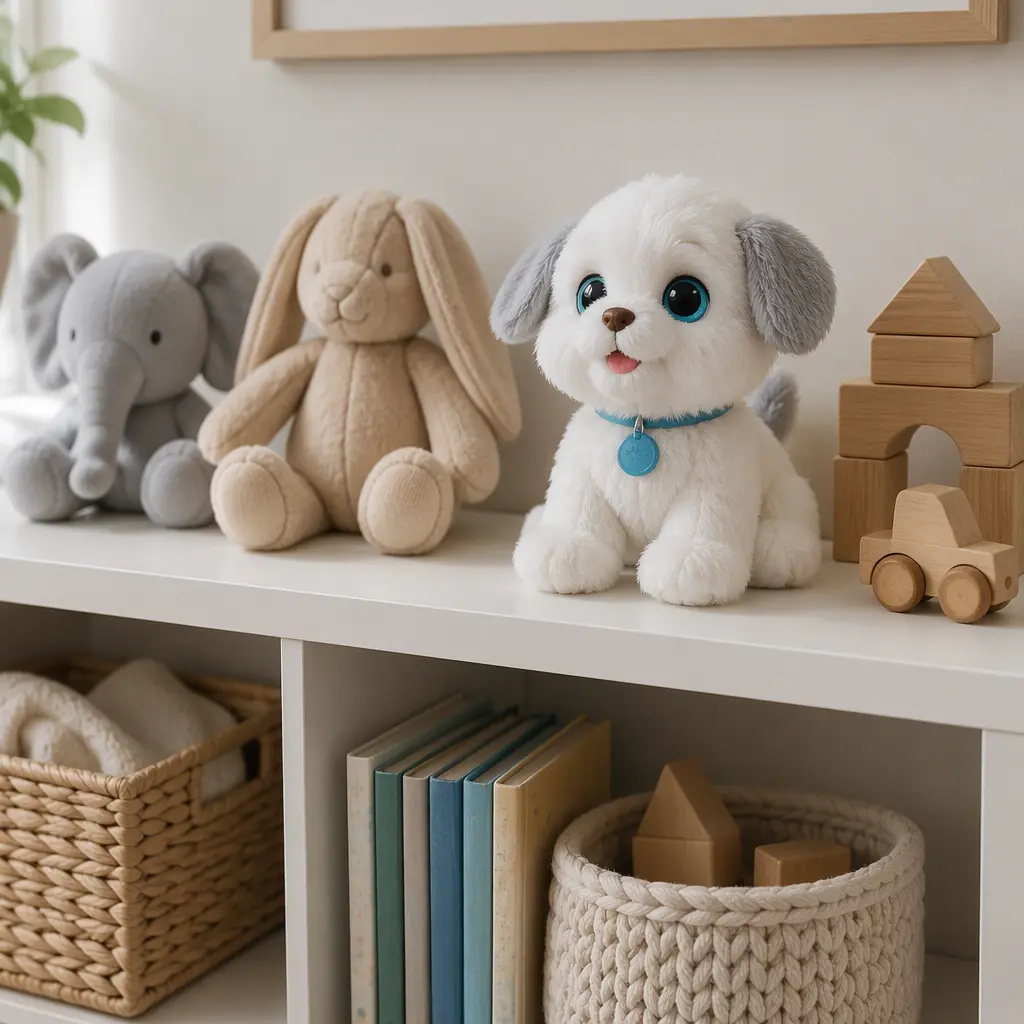 Interactive plush pet displayed beside traditional plush toys and wooden blocks