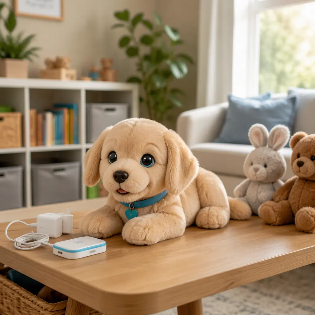 Interactive plush pet with accessories beside traditional stuffed toys in a playroom