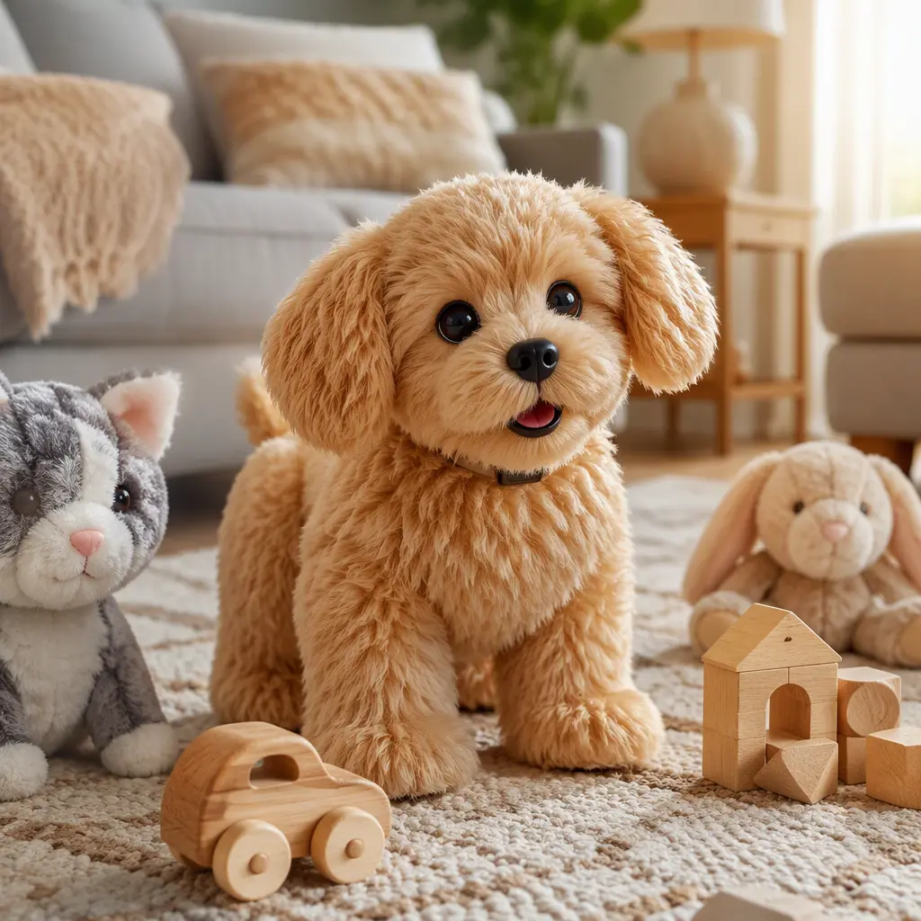 Interactive toy pet beside simple plush toys in a softly lit living room