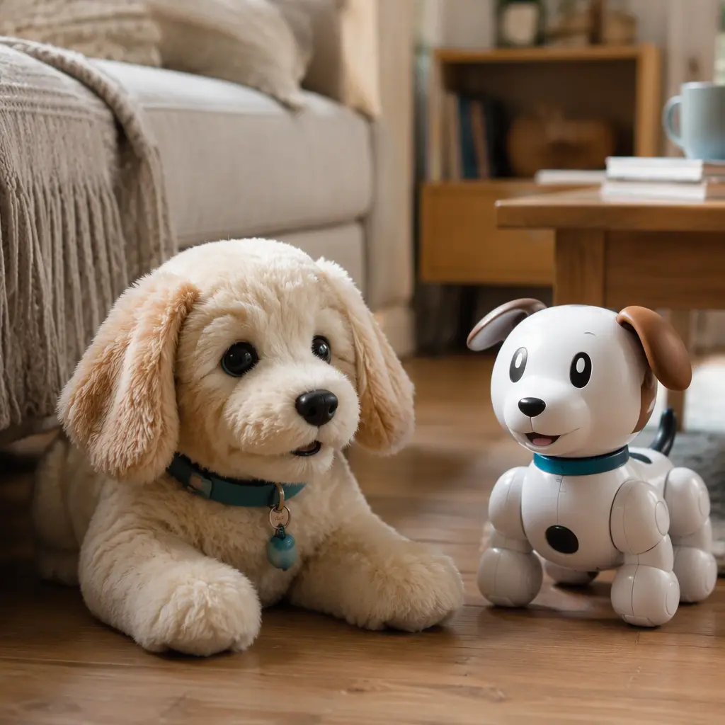 Realistic and cartoon-style interactive pet toys side by side