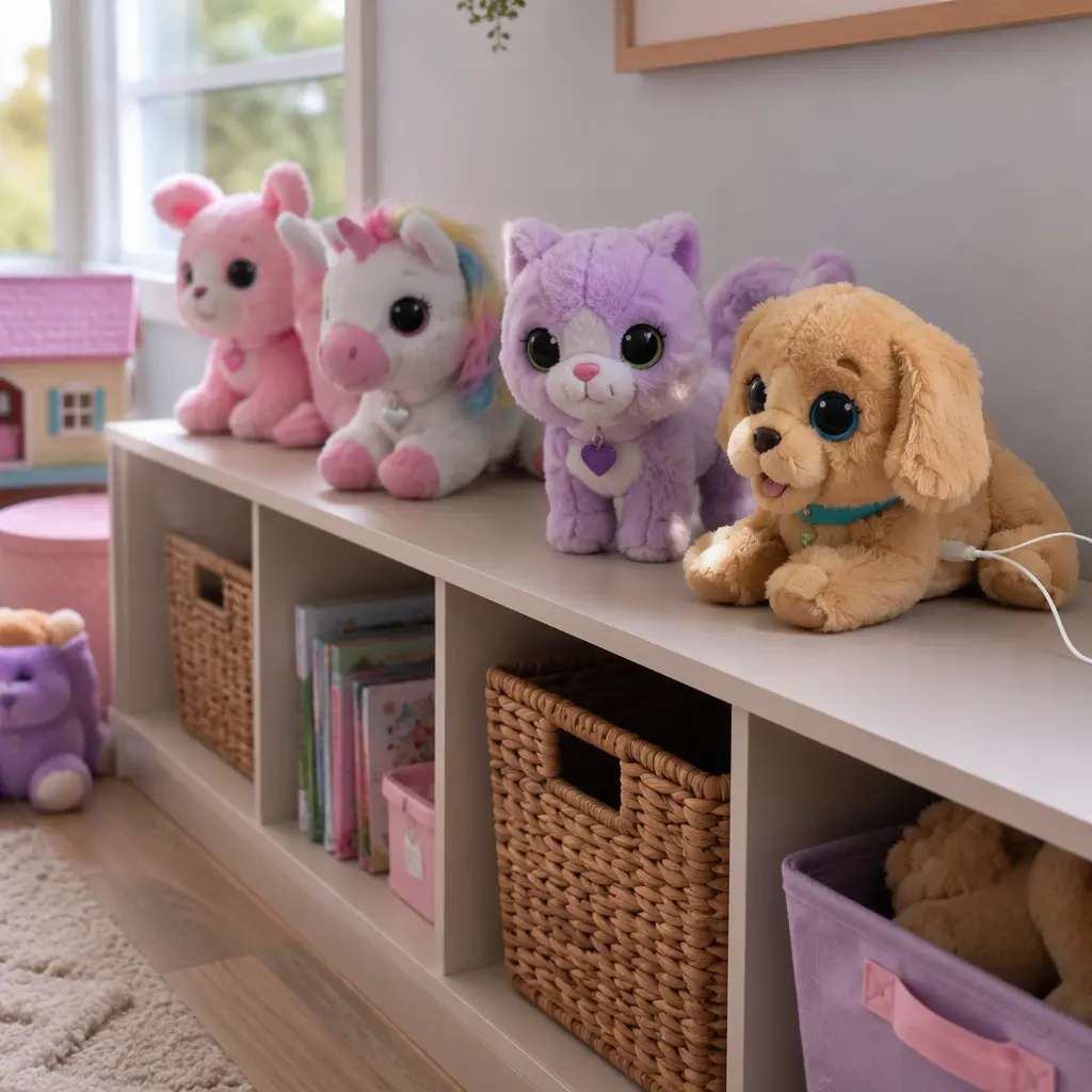 Interactive plush pet toys stored neatly on a playroom shelf