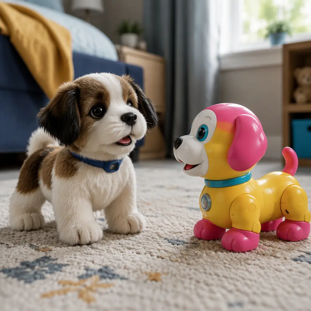 Two different styles of interactive toy pets in a softly lit bedroom