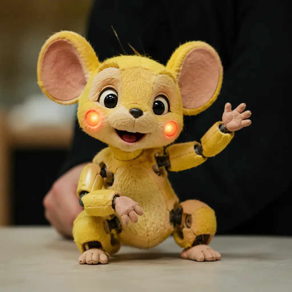 A yellow mouse-inspired interactive puppet toy with expressive animatronic features posed in a studio setting.