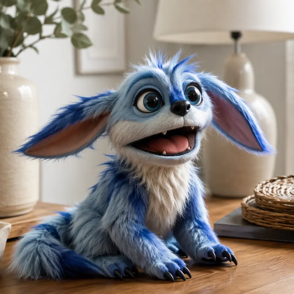 An expressive animatronic puppet toy posed on a tabletop in soft natural light.
