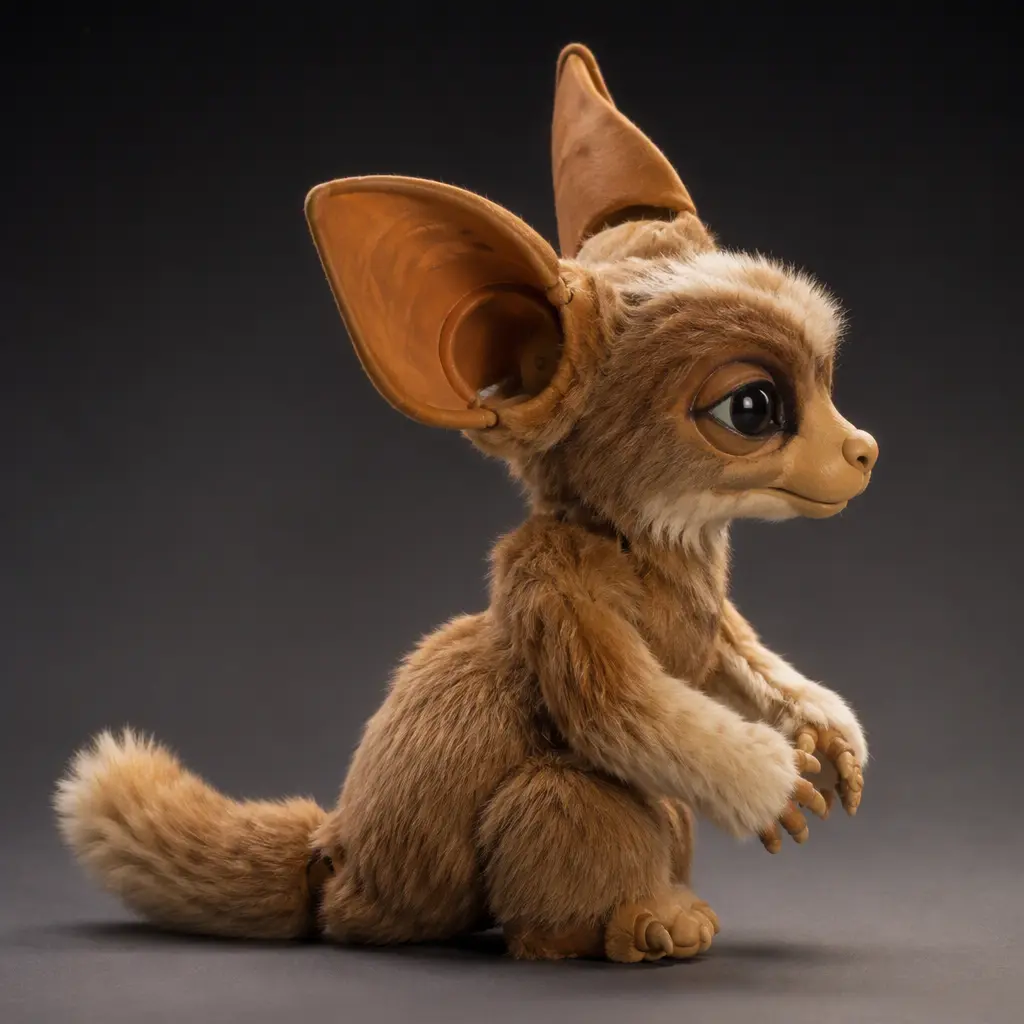 A side view of a collector-style animatronic puppet toy under studio lighting.
