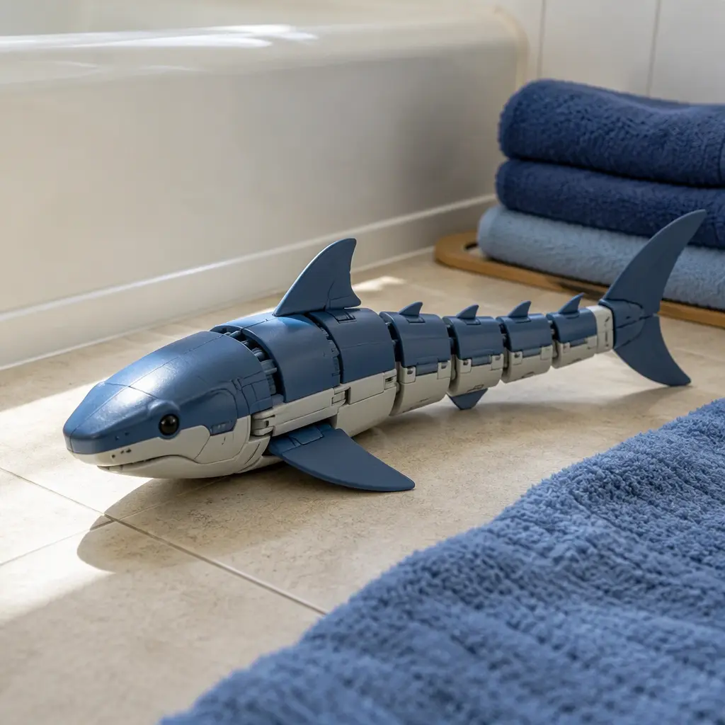 Battery-powered shark toy posed beside water play accessories