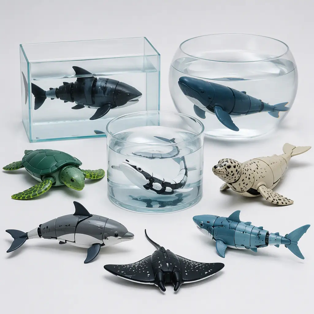 Collection of robotic aquatic toys displayed beside water containers
