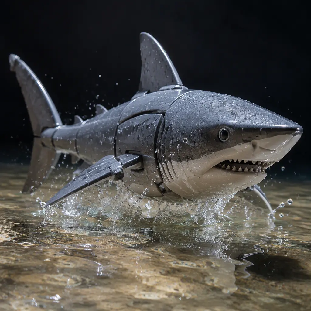 Animatronic shark toy moving through shallow water in a studio setting