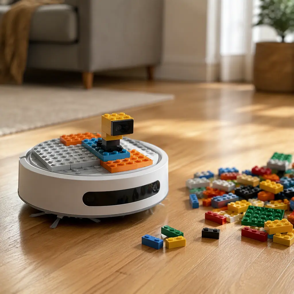 Connected household robot with modular building-style accessories beside toy bricks