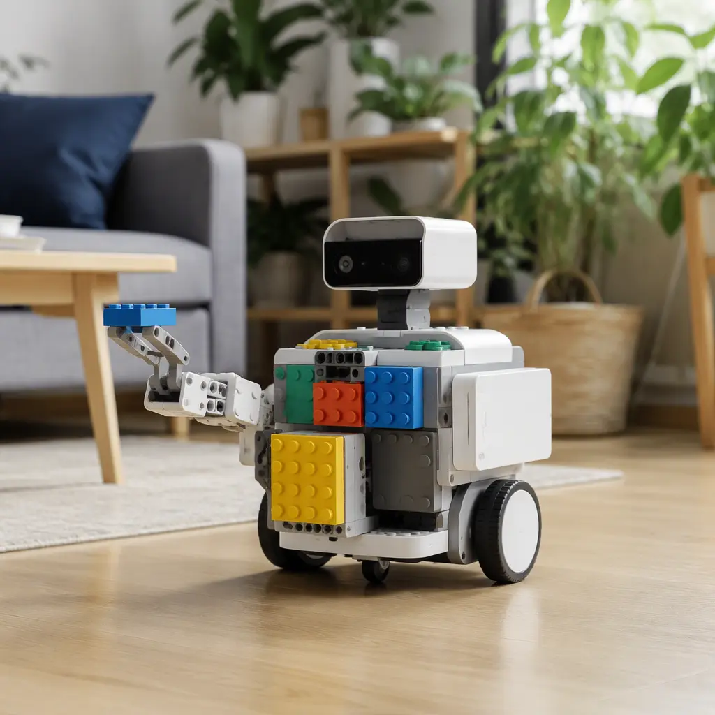 Programmable home robot with colorful modular attachments in a modern living room