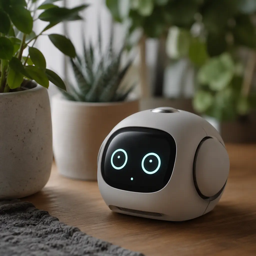 Compact companion robot on a wooden table near houseplants