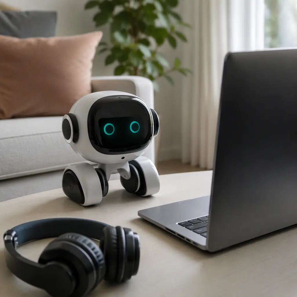 AI companion robot placed beside a laptop in a modern living room